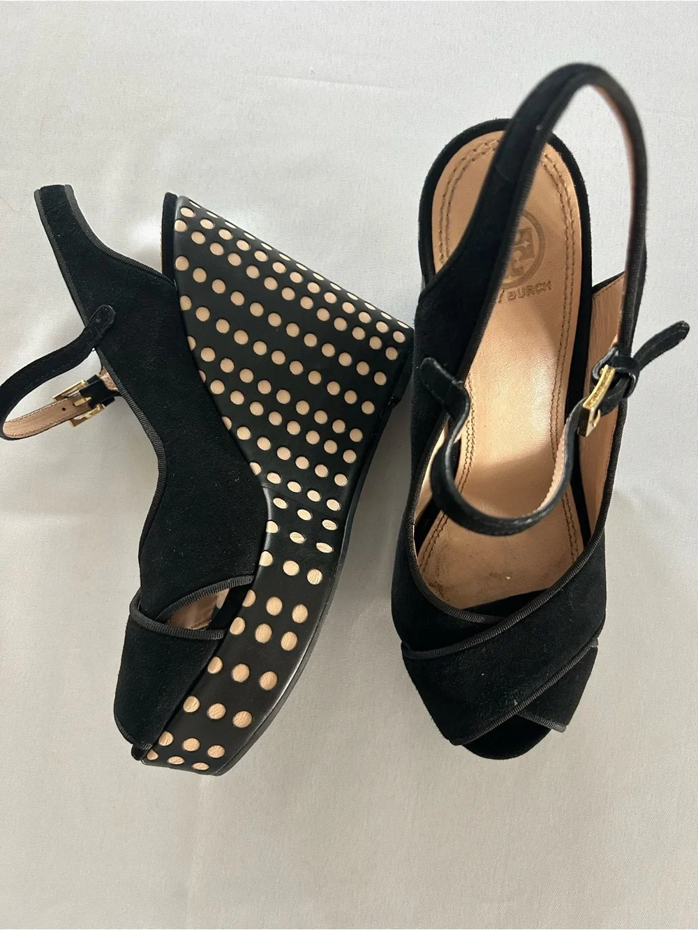 Tory Burch Ollie Black Suede Polka-Dot Platform Wedges EUC